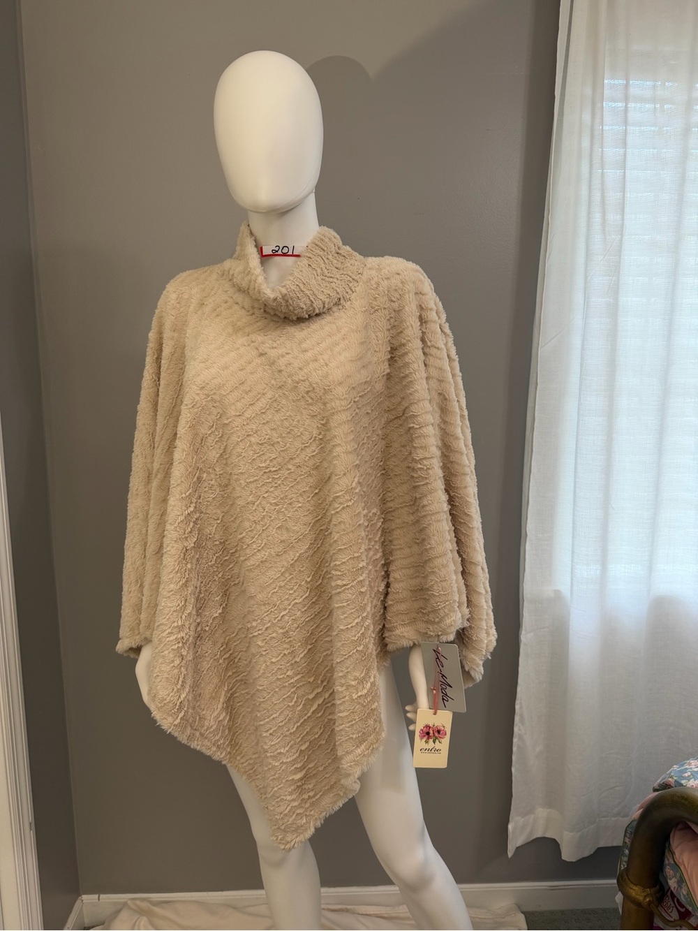 Moda Cream Plush Cowl Neck Poncho
